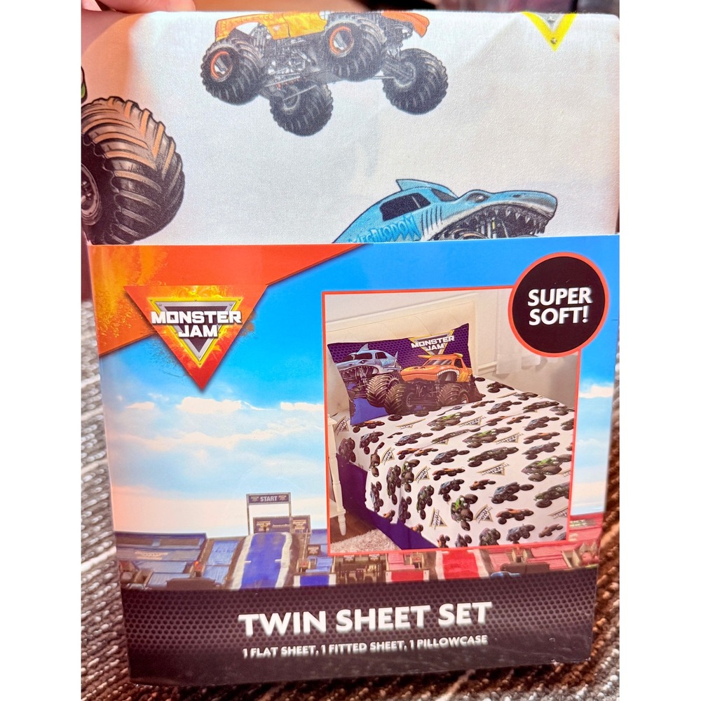 Monster Jam Twin Sheet Set Kids Twin White NEW Grave Digger Megalodon Bedding